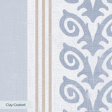 Blue and white vertical striped pattern with decorative floral motifs