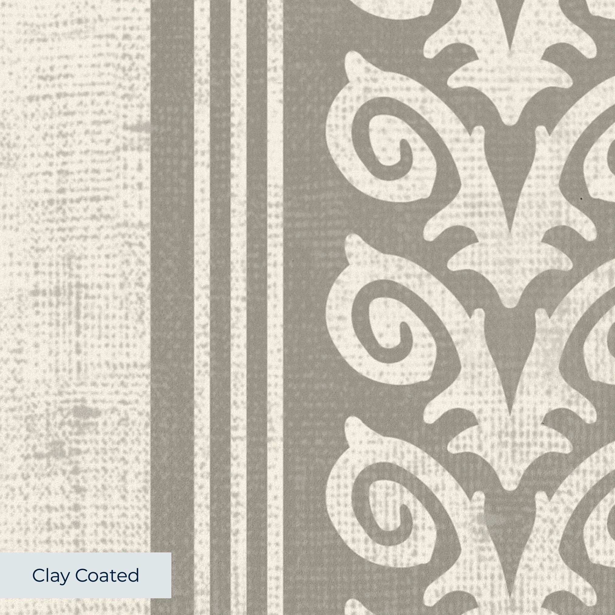 Vertical stripes pattern in beige and white with decorative scrollwork motifs alternating with plain