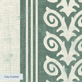 Vertical striped pattern with ornate scrollwork borders in sage green and cream tones