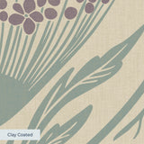 Art Nouveau wallpaper pattern with stylized flowers in purple and teal on beige background