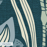 Blue-green botanical pattern with stylized flowers, leaves, and swans in Art Nouveau style