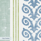 Vertical stripes with blue floral vine pattern on cream and light blue background