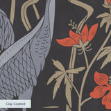 Dinosaurs and red flowers on dark background in vintage botanical illustration style