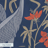Blue wallpaper pattern with white herons, coral flowers, and green foliage in an Art Nouveau style