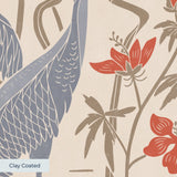 Herons and cranes among red flowers and beige foliage in Asian-inspired decorative pattern