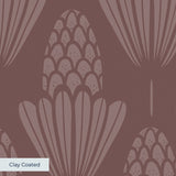 Art deco style pattern with stylized pinecones and fan shapes in muted rose and mauve tones