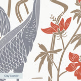 Decorative pattern with gray herons, brown rabbits, and red-orange flowers on white background