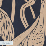 Herons and cranes among reeds and flowers in beige on dark navy blue background