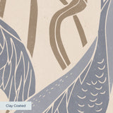 Decorative pattern with blue herons, beige cranes, and red flowers on cream background