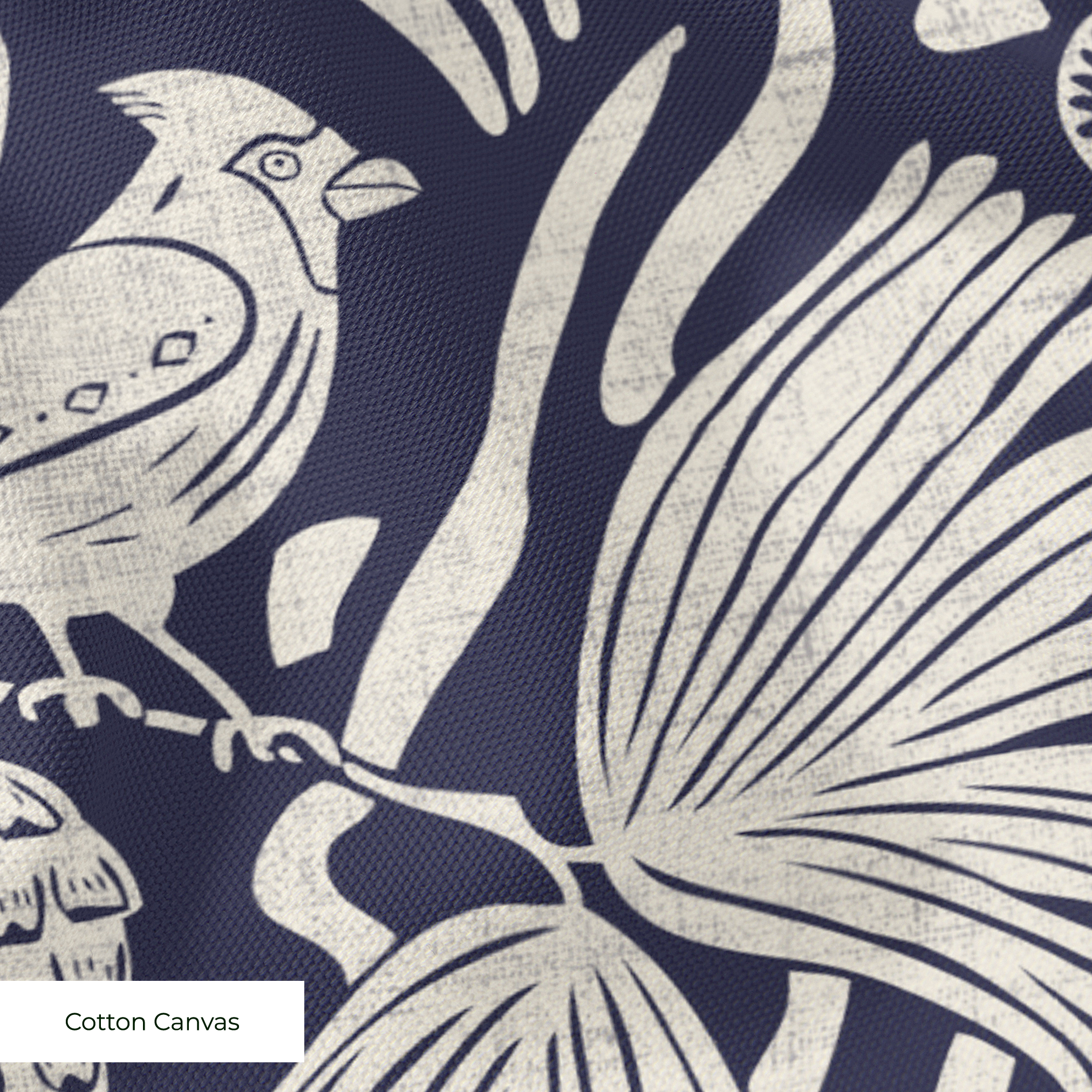 Peck and Plume- White on Navy with block printed linen texture -Medium, 18 inch repeat Fabric