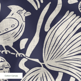 Peck and Plume- White on Navy with block printed linen texture -Medium, 18 inch repeat Fabric