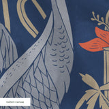 Blue wallpaper pattern with white herons, coral flowers, and green foliage in an Art Nouveau style