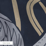 Herons and cranes among reeds and red flowers on dark blue background in decorative pattern