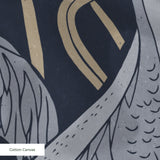 Herons and cranes among red flowers and reeds on dark blue background in decorative pattern