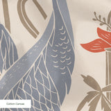 Herons and cranes among red flowers and beige foliage in Asian-inspired decorative pattern