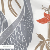 Decorative pattern with gray herons, brown rabbits, and red-orange flowers on white background