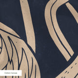 Herons and cranes among reeds and flowers in beige on dark navy blue background
