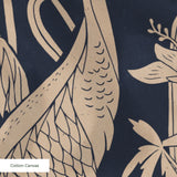 Cranes and flora pattern in beige on dark blue background with Asian-inspired design