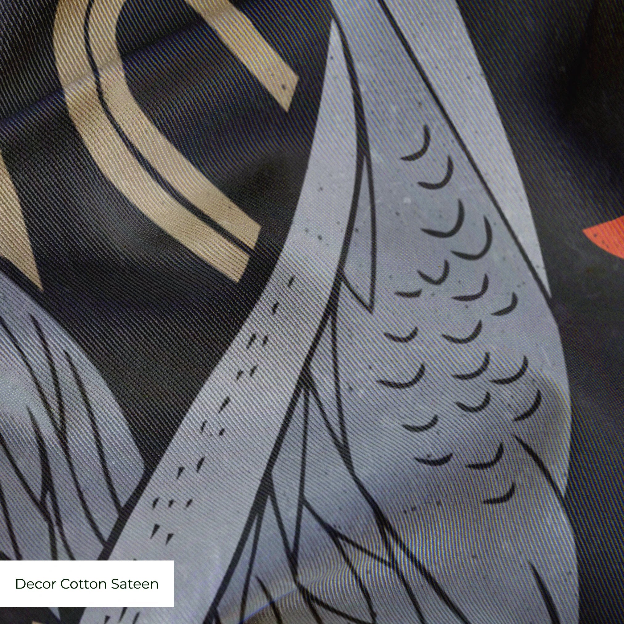 Decorative pattern with gray herons, red flowers, and beige foliage on dark background