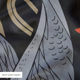 Decorative pattern with gray herons, red flowers, and beige foliage on dark background