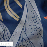 Herons amid flowering plants on navy blue background, decorative pattern with coral blooms and folia