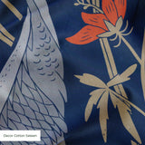 Blue wallpaper pattern with white herons, coral flowers, and green foliage in an Art Nouveau style
