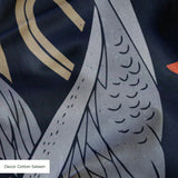 Herons and cranes among red flowers and reeds on dark blue background in decorative pattern