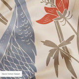 Herons and cranes among red flowers and beige foliage in Asian-inspired decorative pattern