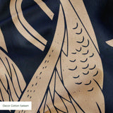 Elegant herons and cranes with flowers in beige on dark navy blue background, nature pattern