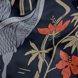 Herons and cranes among reeds and red flowers on dark blue background in decorative pattern