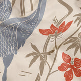 Decorative pattern with blue herons, beige cranes, and red flowers on cream background