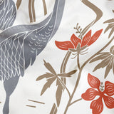 Decorative pattern with gray herons, beige rabbits, and coral-red flowers on white background