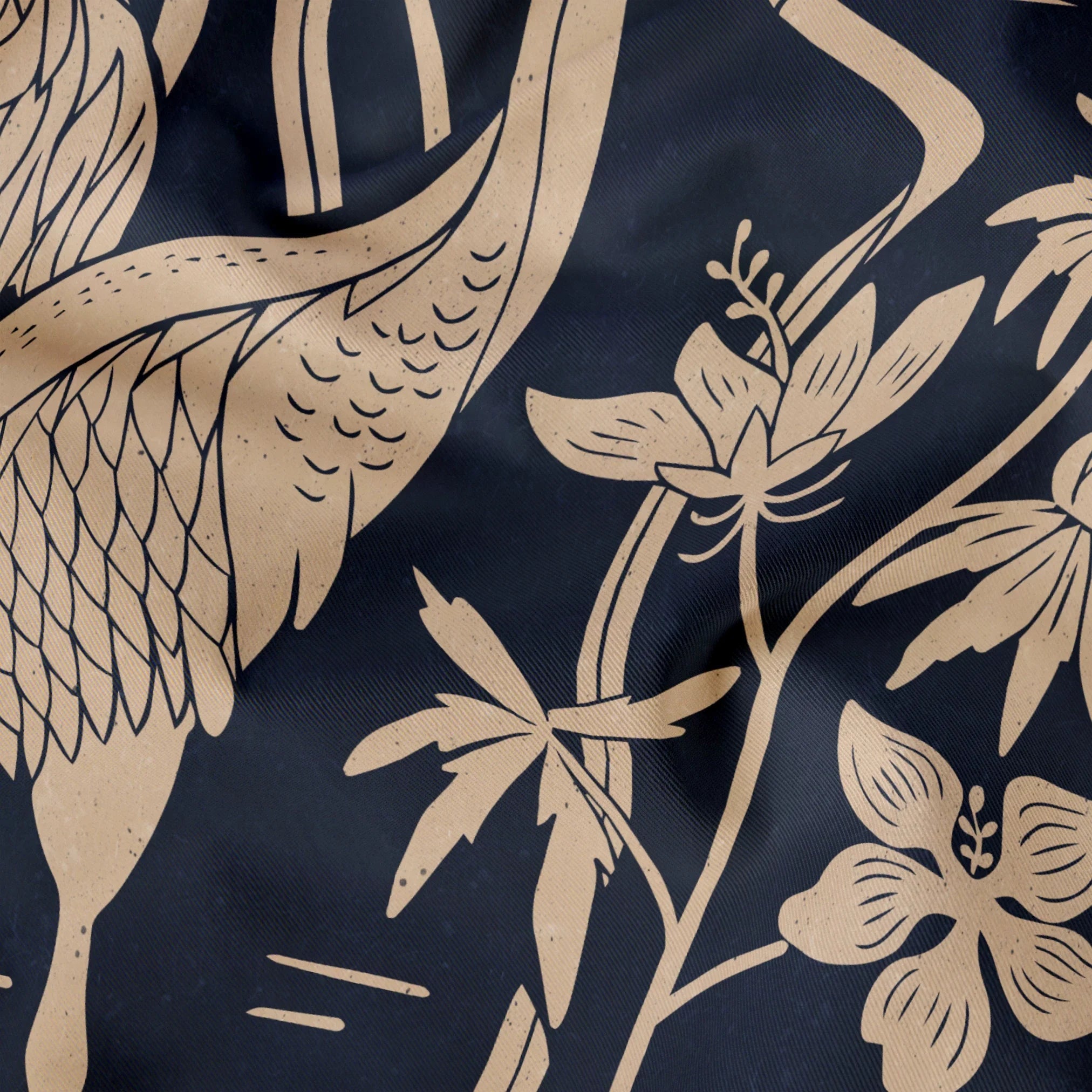 Herons and cranes among reeds and flowers in beige on dark navy blue background