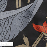 Decorative pattern with gray herons, red flowers, and beige foliage on dark background