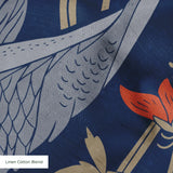 Herons amid flowering plants on navy blue background, decorative pattern with coral blooms and folia