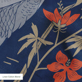 Blue wallpaper pattern with white herons, coral flowers, and green foliage in an Art Nouveau style
