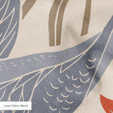 Decorative pattern with blue herons, beige cranes, and red flowers on cream background