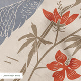 Herons and cranes among red flowers and beige foliage in Asian-inspired decorative pattern