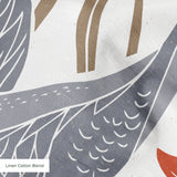 Decorative pattern with gray herons, beige rabbits, and coral-red flowers on white background