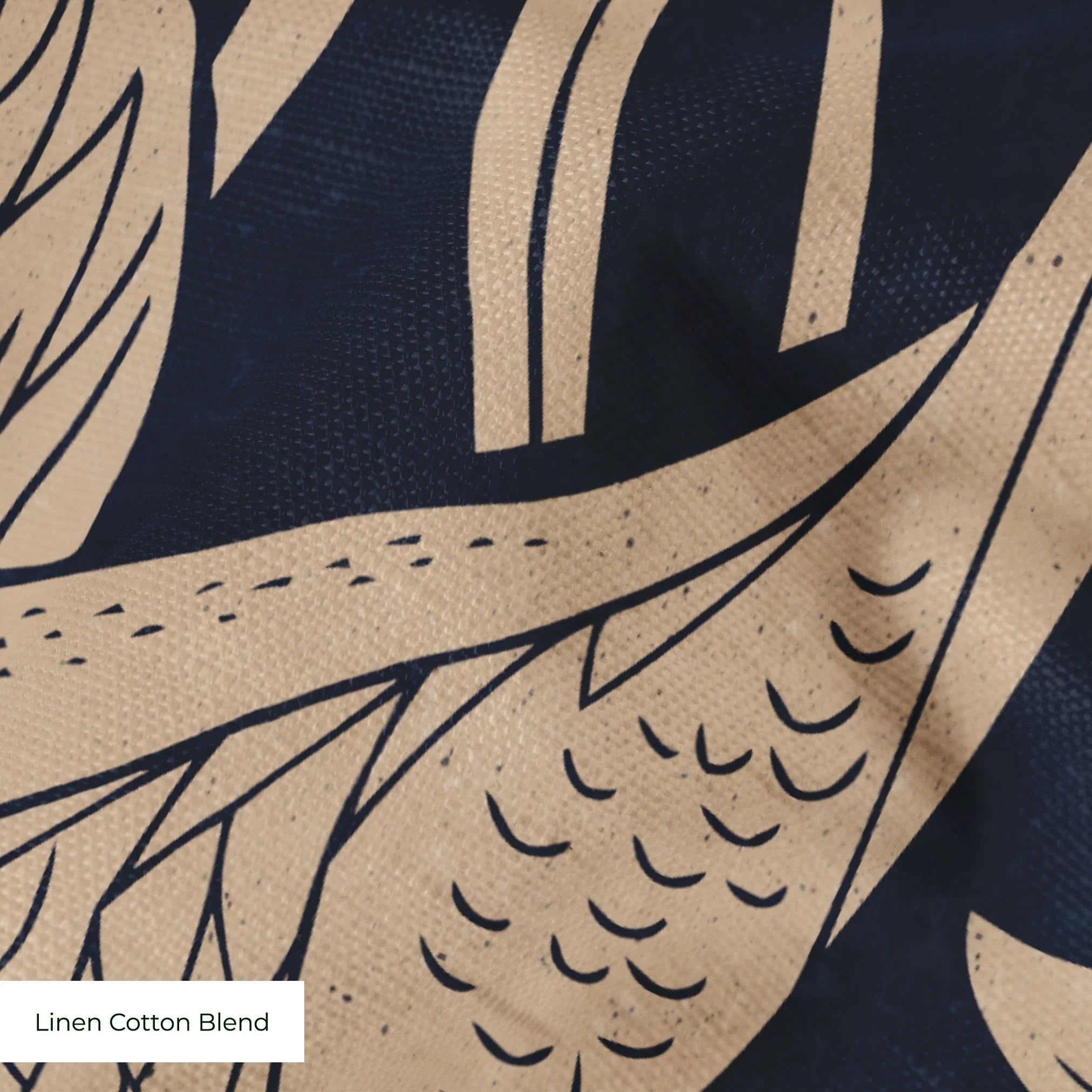 Herons and cranes among reeds and flowers in beige on dark navy blue background