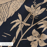Cranes and flora pattern in beige on dark blue background with Asian-inspired design