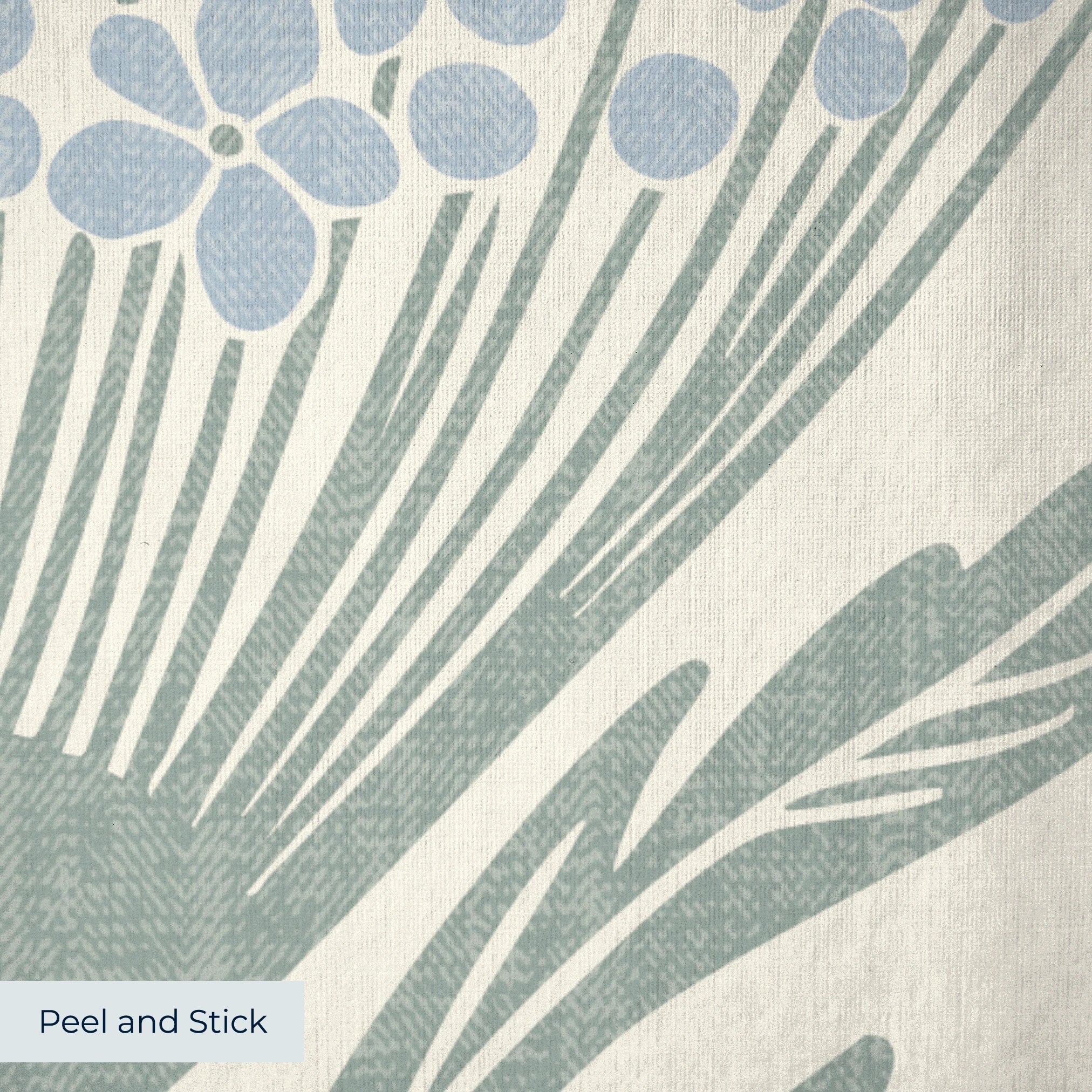 Art Nouveau floral pattern with stylized blue flowers and sage green leaves on cream background