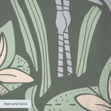 Art Nouveau pattern with herons, water lilies, and reeds in green, white, and lavender tones