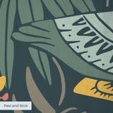 Dark botanical pattern with birds, hedgehogs, flowers and foliage in muted tones