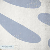 Geometric pattern with blue-gray curved shapes, circles, and beige accents on cream background