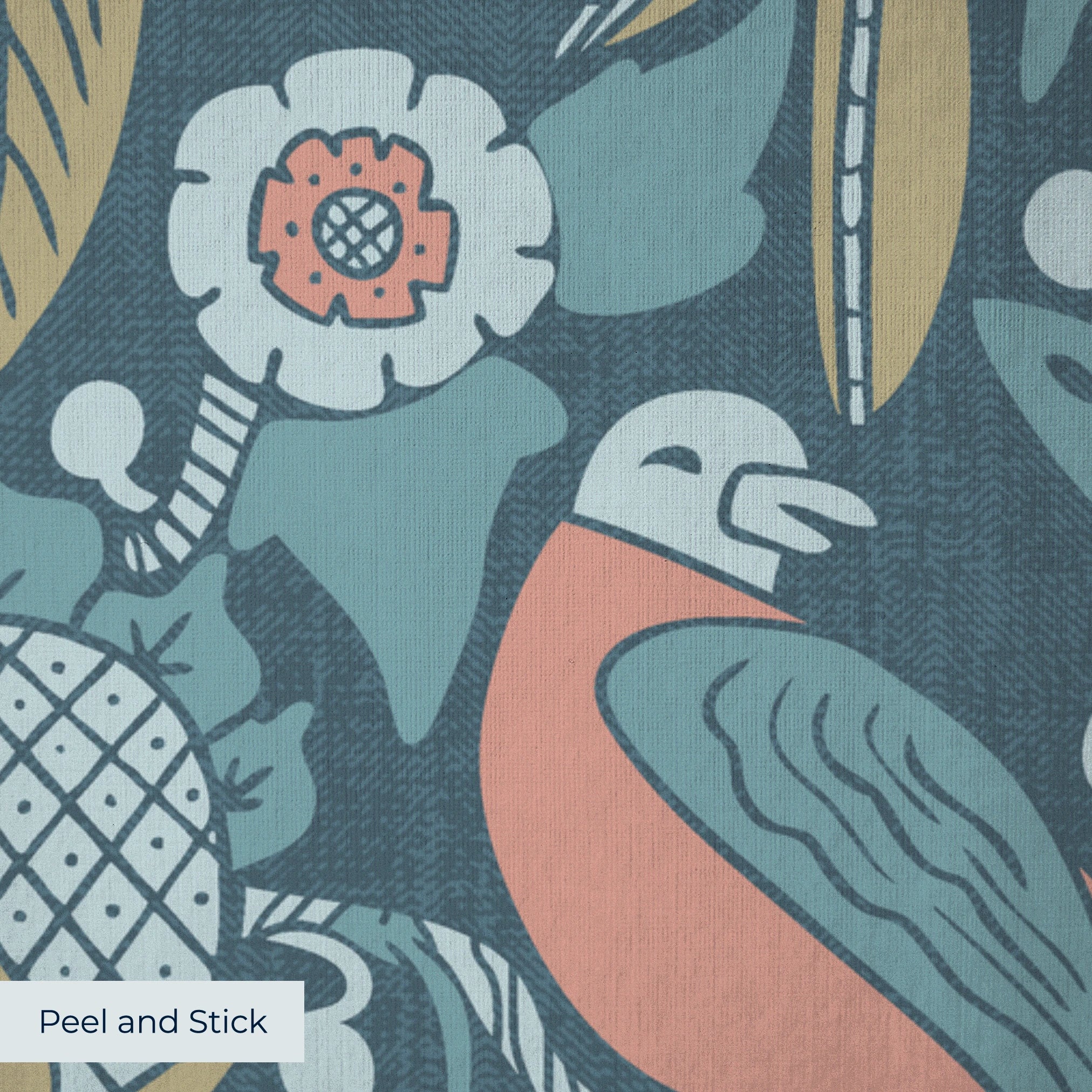 Symmetrical art nouveau pattern with stylized birds, lotus flowers, and foliage in blue, coral, and