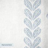 Blue and white botanical stripe pattern with stylized leaf motifs and vertical borders