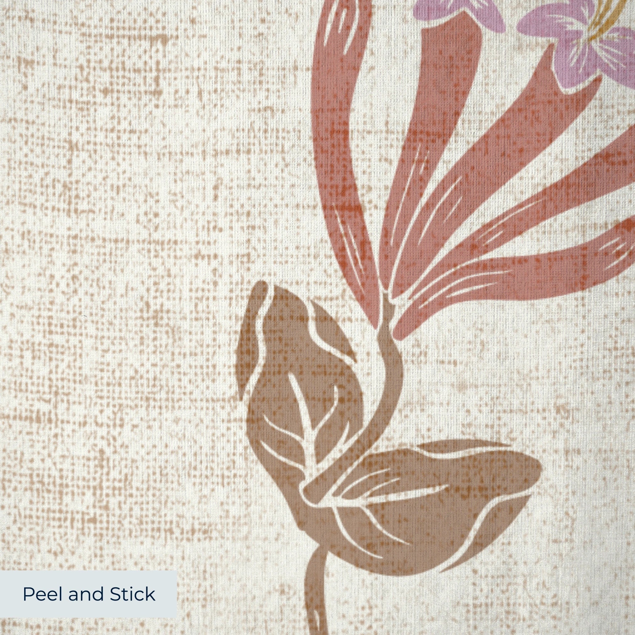 Floral pattern with hummingbirds, pink flowers, and tan foliage on cream textured background