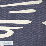 Navy blue background with white tropical birds, palm fronds, and botanical motifs in repeating patte