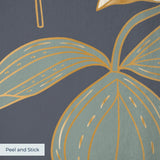 Vintage floral pattern with white flowers, golden stalks, and red blooms on dark gray background